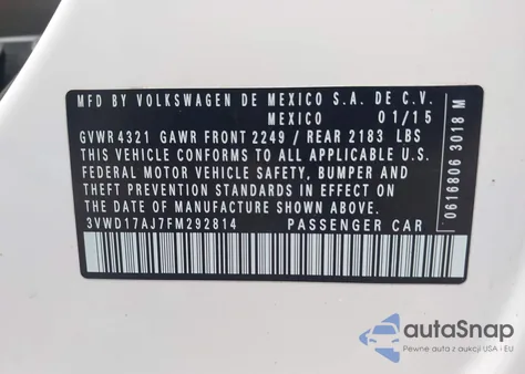 2015 Volkswagen Jetta 1.8T Se из США, поврежденный, VIN 3VWD17AJ7FM292814